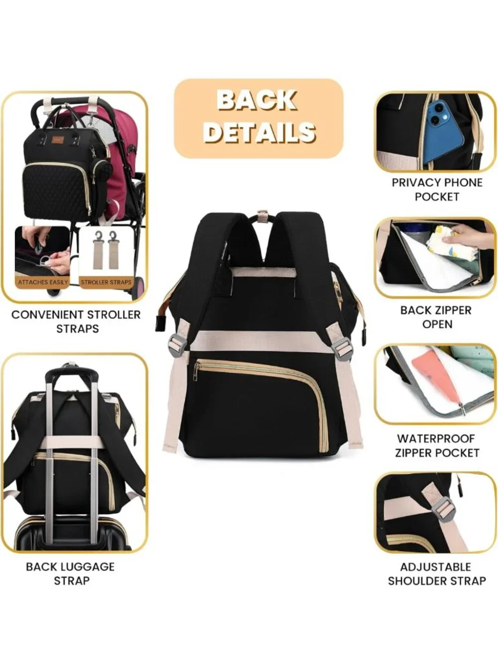 Stylish Waterproof Diaper Bag Backpack with Changing Pad & Pacifier Case - Large